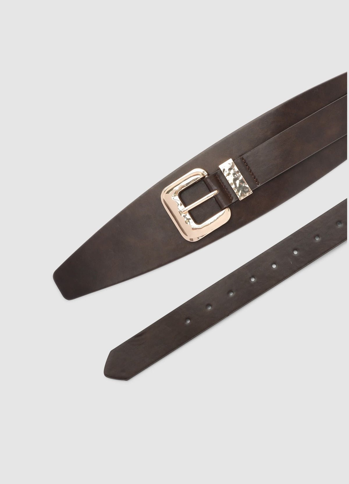 Wide belt with hammered gold buckle