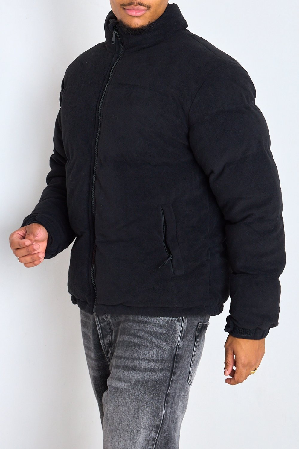 Black lightweight puffer jacket with high neck