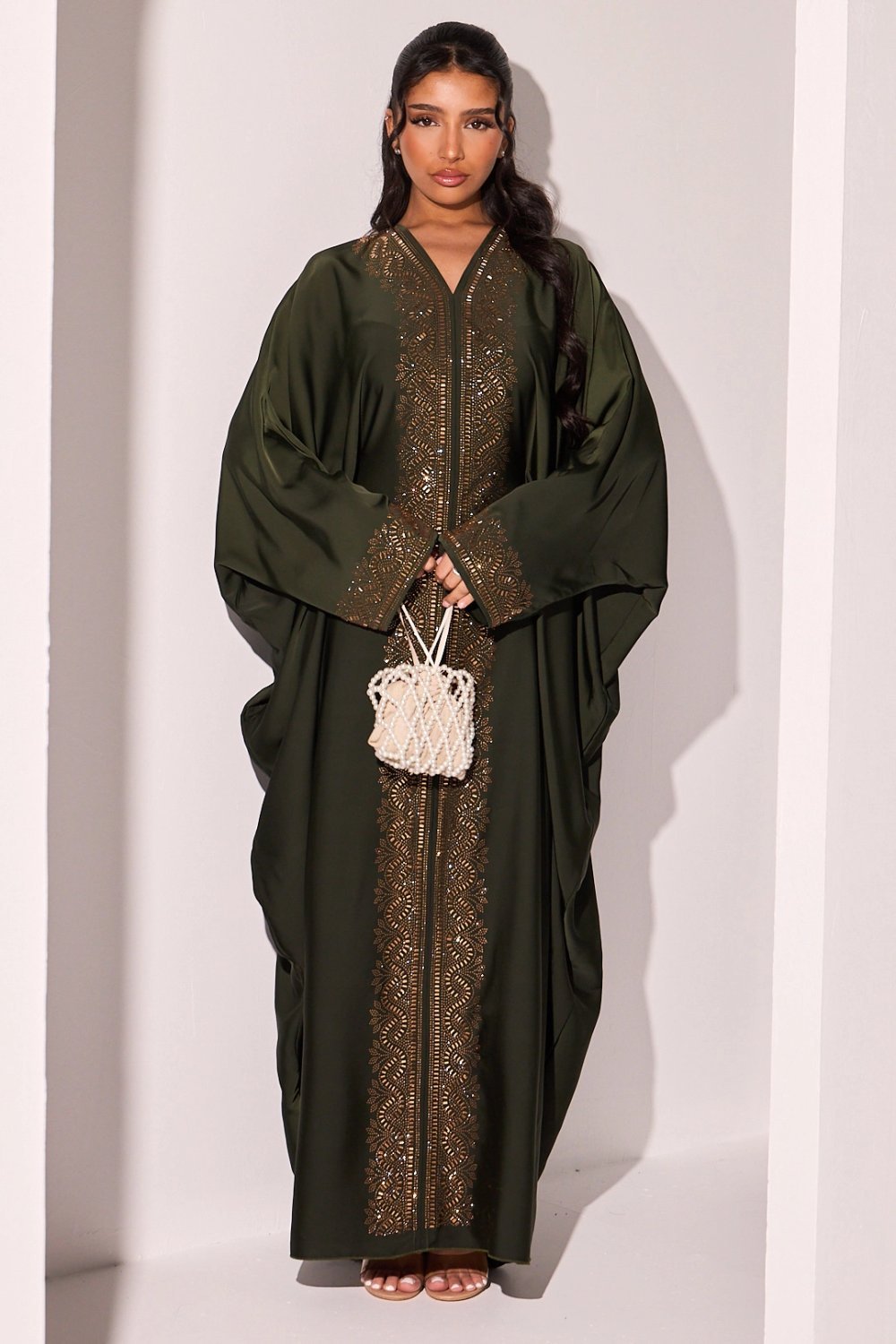 Khaki abaya with rectangle rhinestone stripes