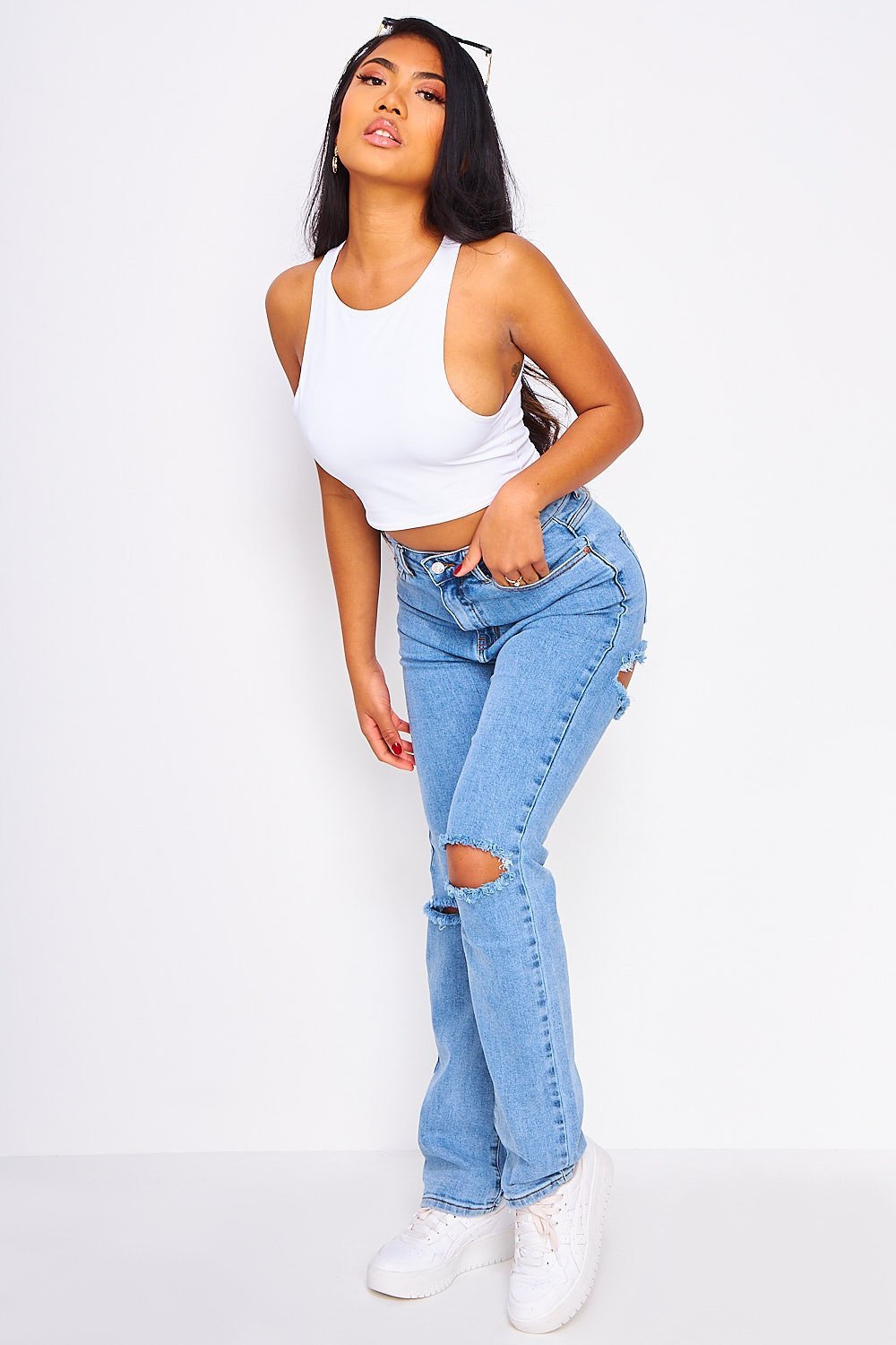Blue regular ripped-knee jeans