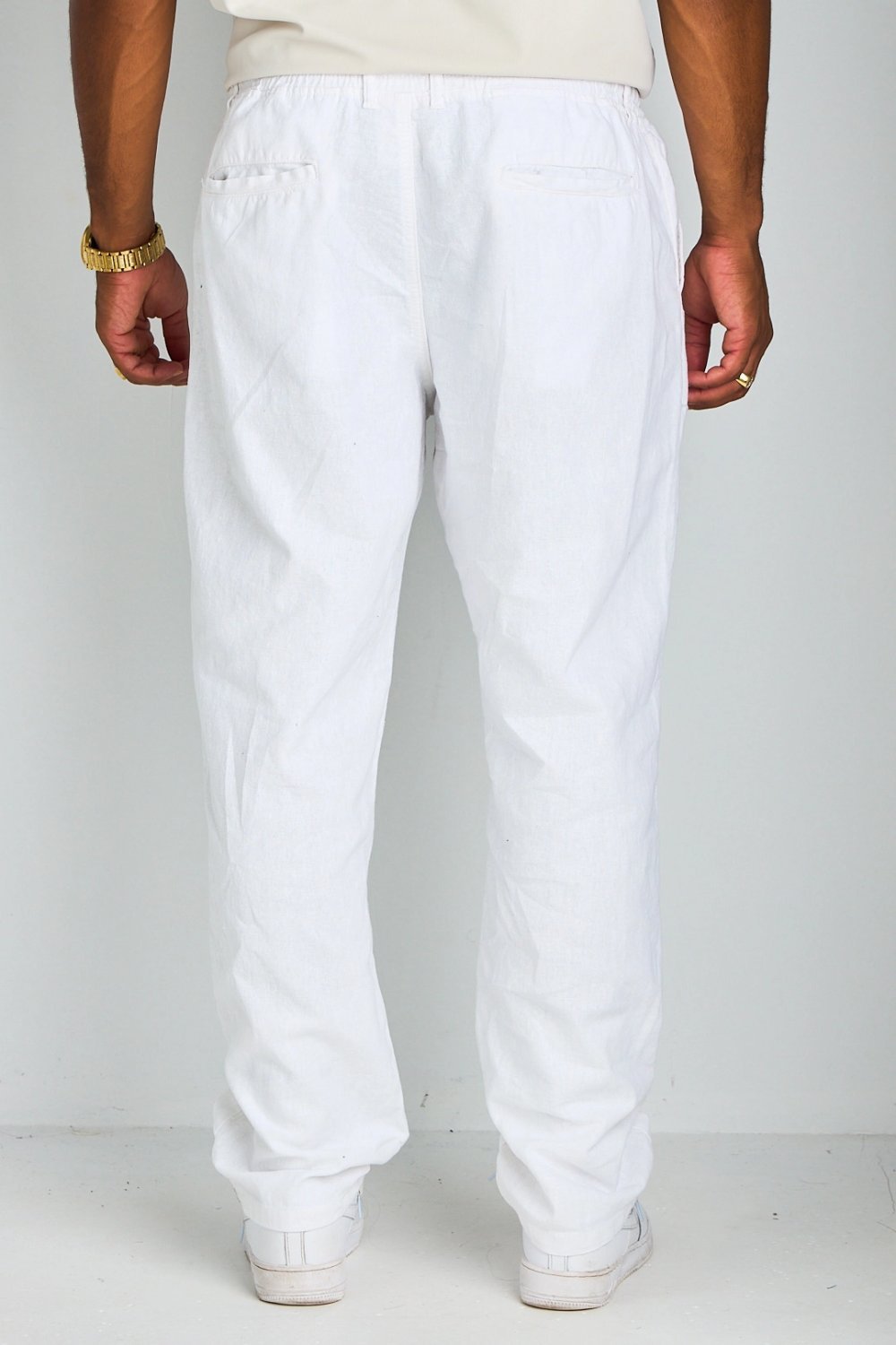 White linen-blend drawstring straight trousers
