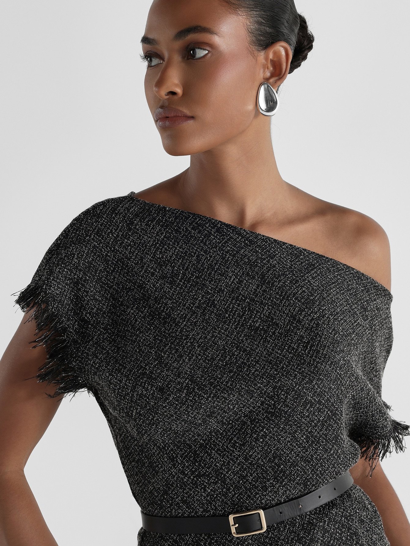 Kstm Formal One Shoulder Tweed Evening Dress With Fringe Trim