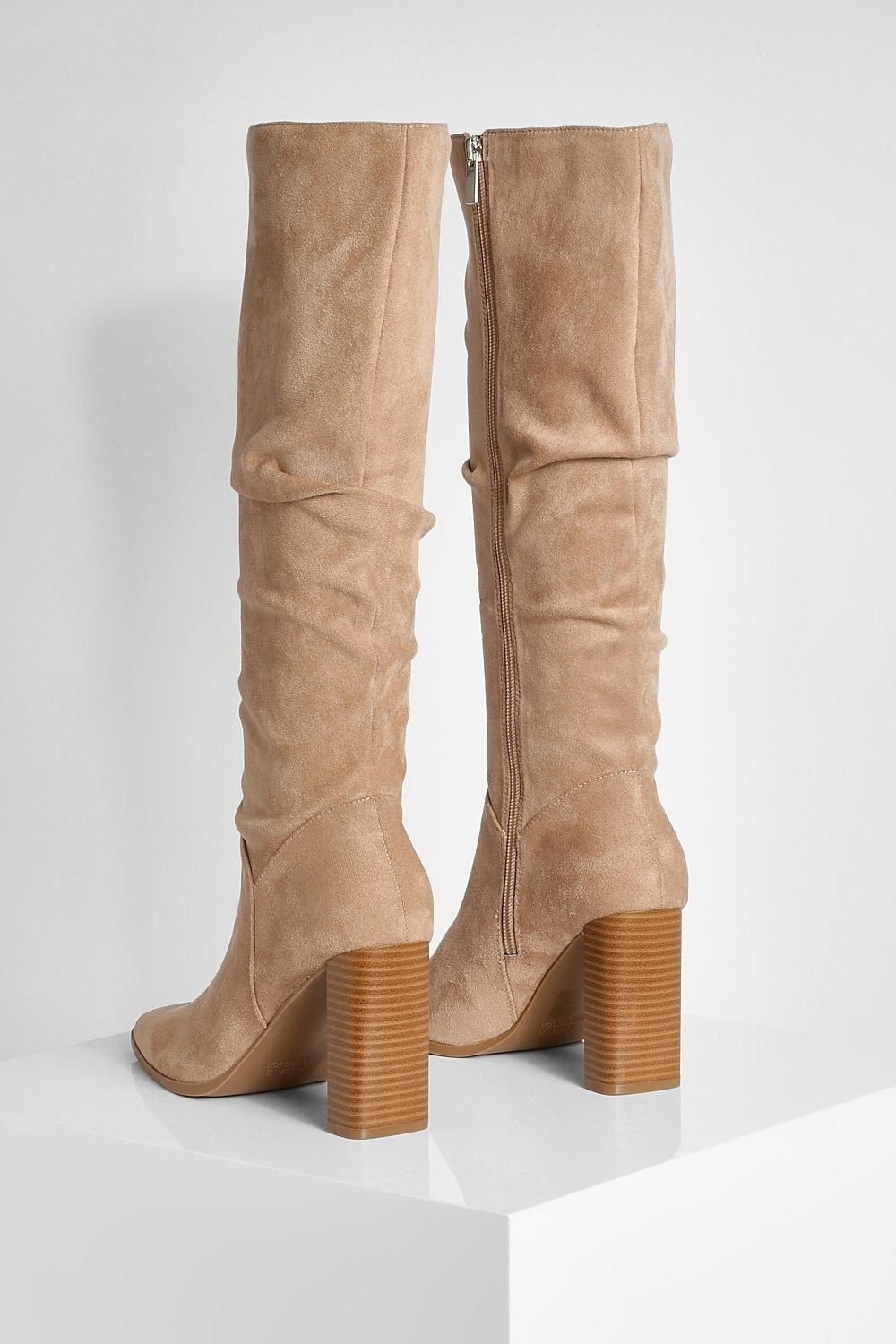 Slouchy block-heel faux suede knee-high boots