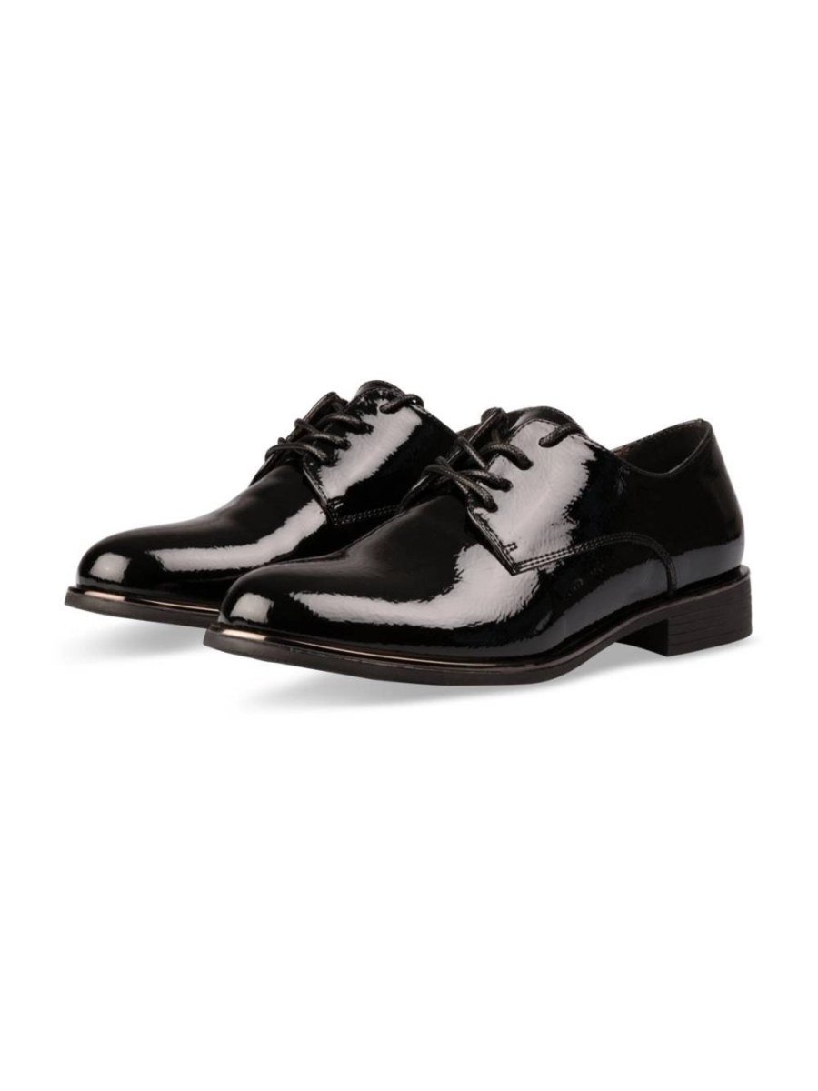 Black patent derbies with metallic trim
