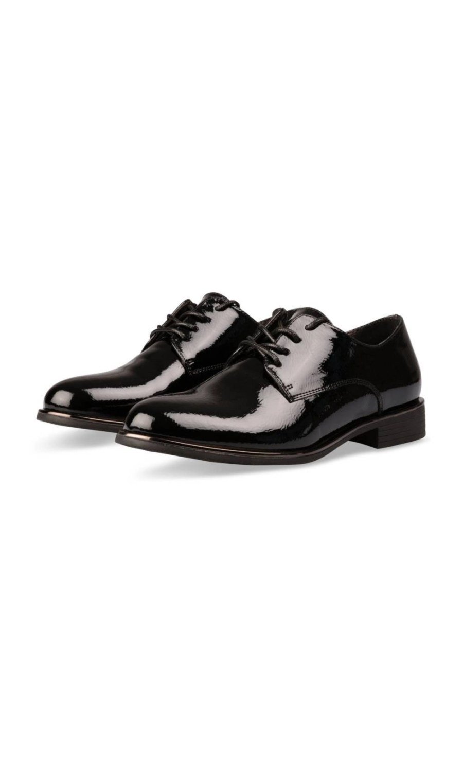 Black patent derbies with metallic trim