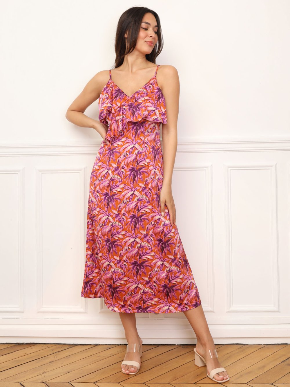 Orange palm print maxi dress with ruffles