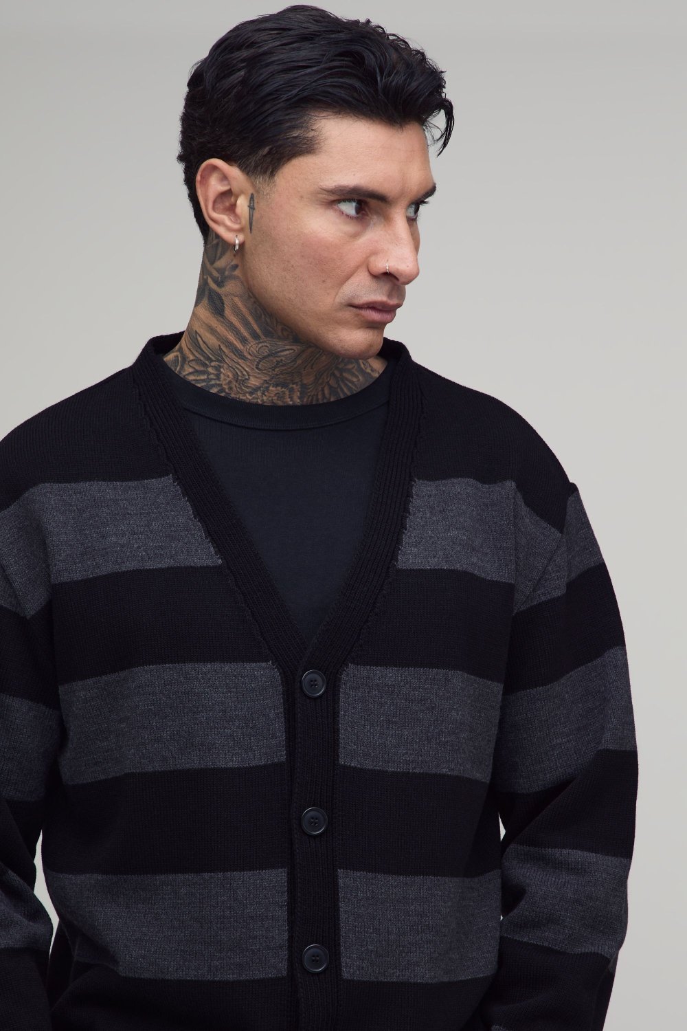 Black and grey distressed striped cardigan