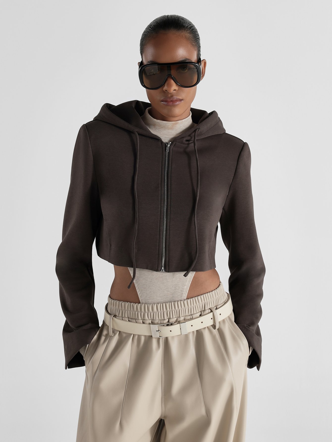 Sweat-Shirt À Capuche Court Zippé Avec Cordon De Serrage Et Poignets Fendus