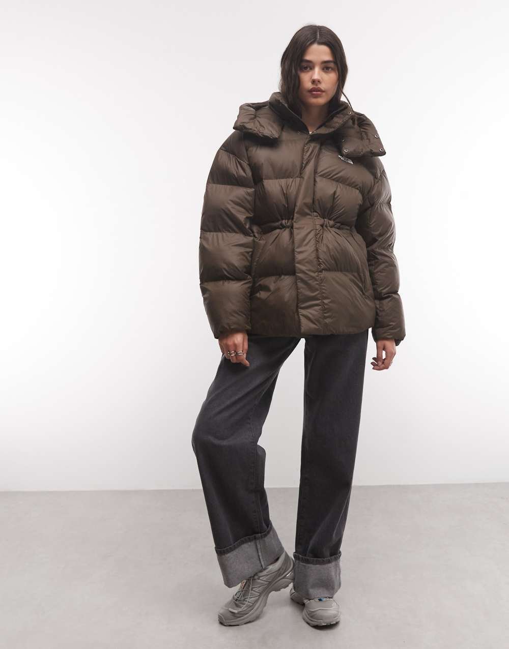 Oversized hooded puffer jacket in dark brown