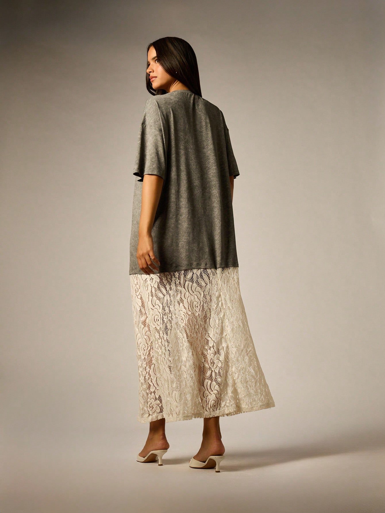 Oversized acid wash tee with lace angel wings
