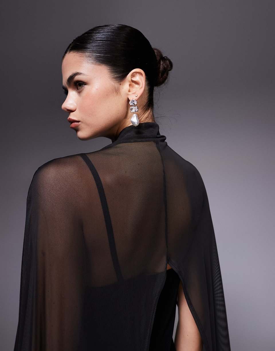 Maxi dress with oversized cape detail - Black