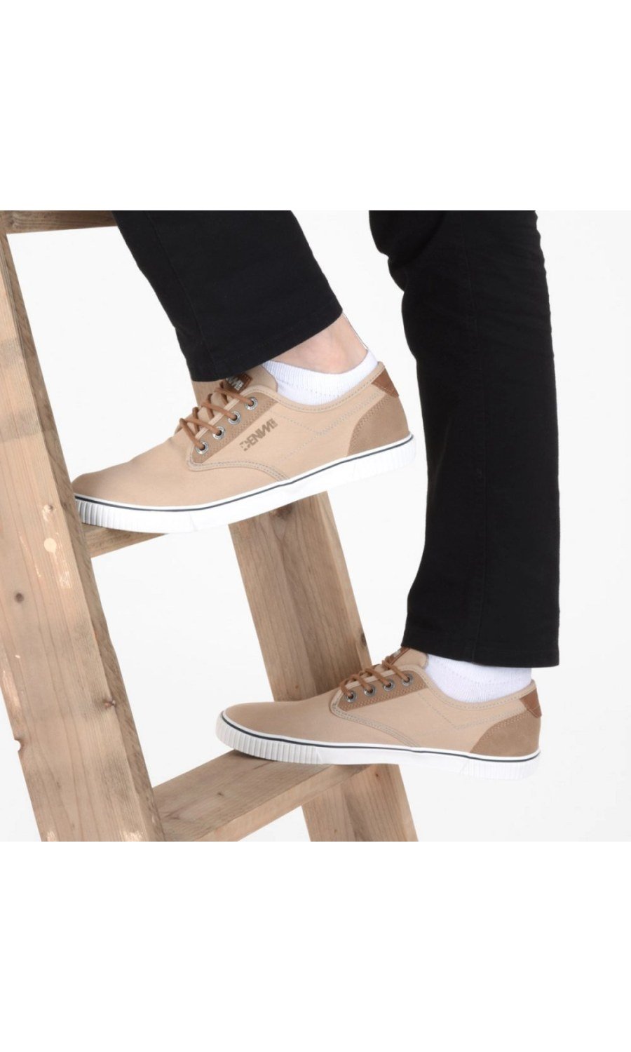 Beige canvas sneakers with tan heel tab