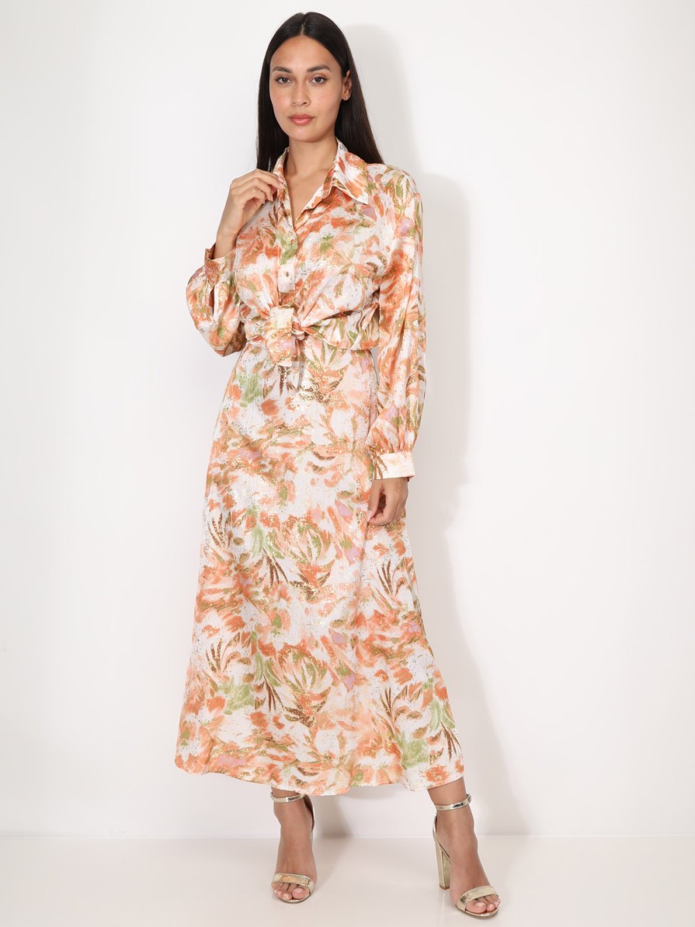 Orange flowing maxi skirt with gold print