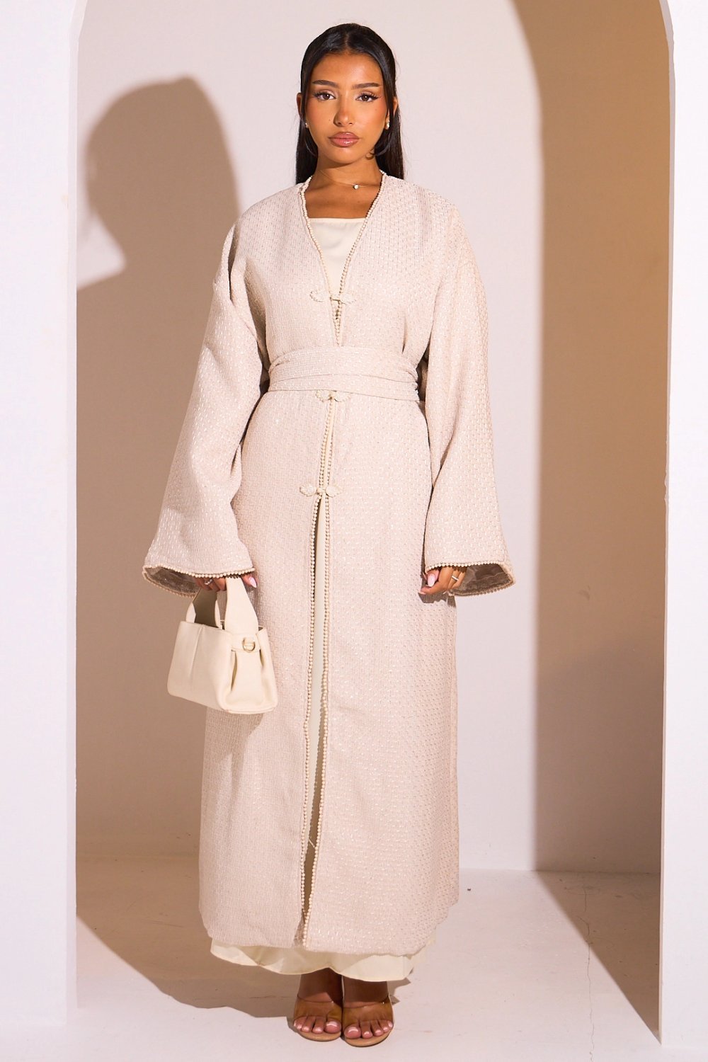Beige belted openwork kimono with pearls