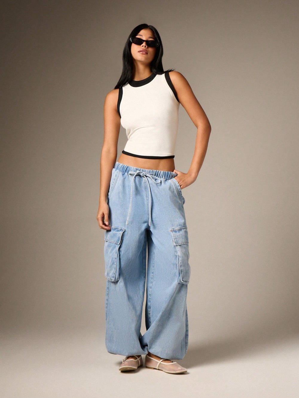 Mid blue cargo jeans with elasticated waist