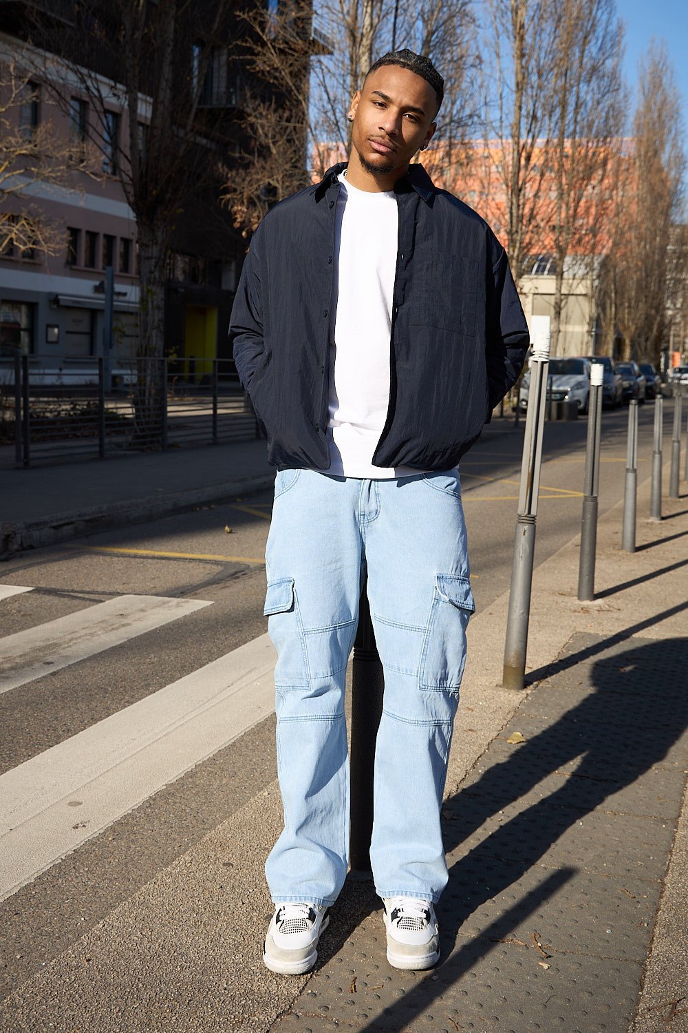 Navy lightweight zip-up shirt with pockets