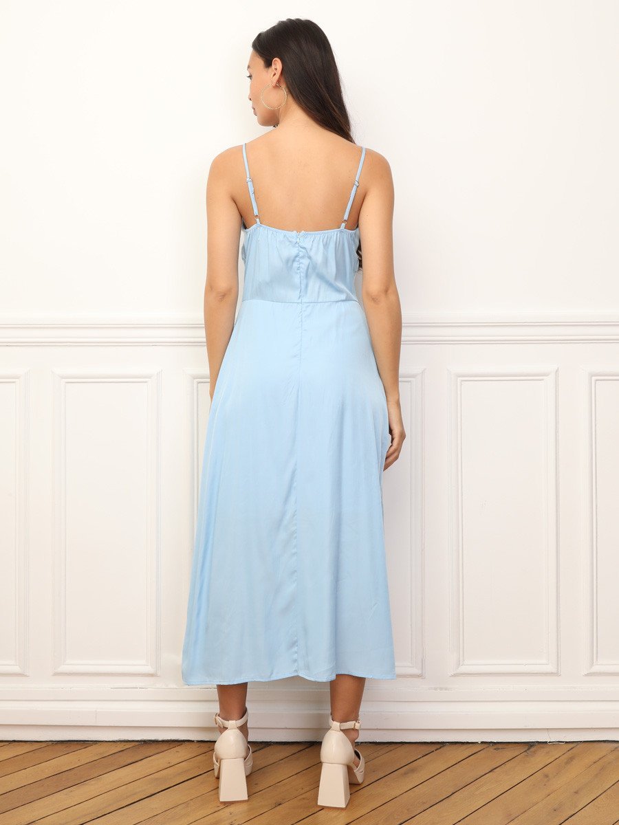 Light blue strappy maxi dress with buttons and split
