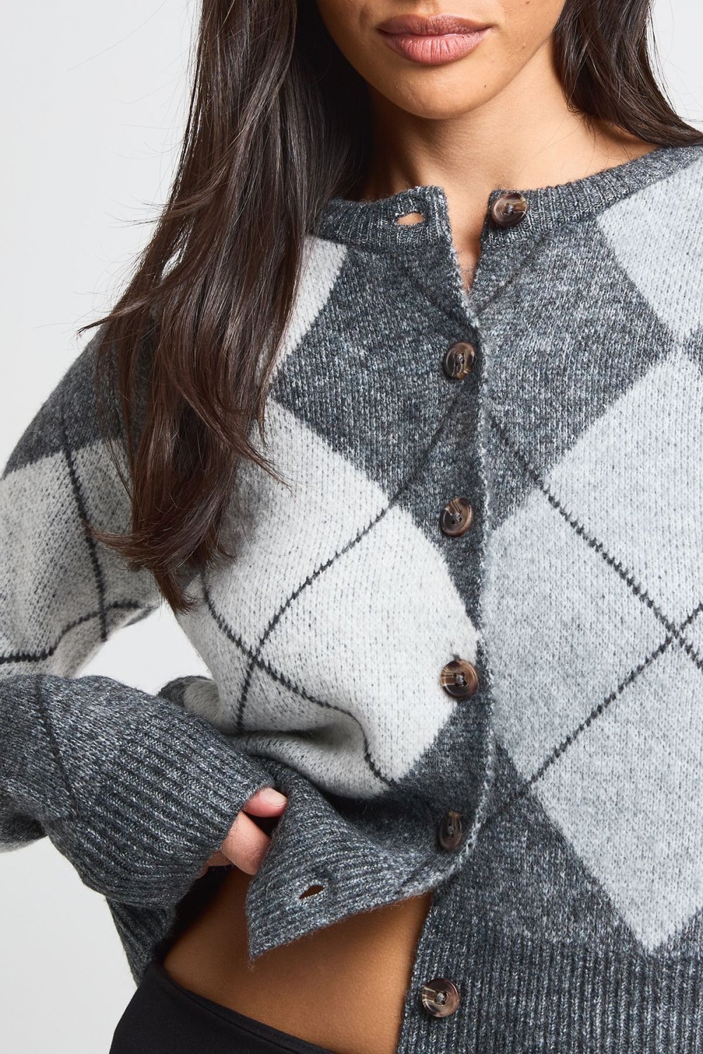 Grey cropped argyle cardigan