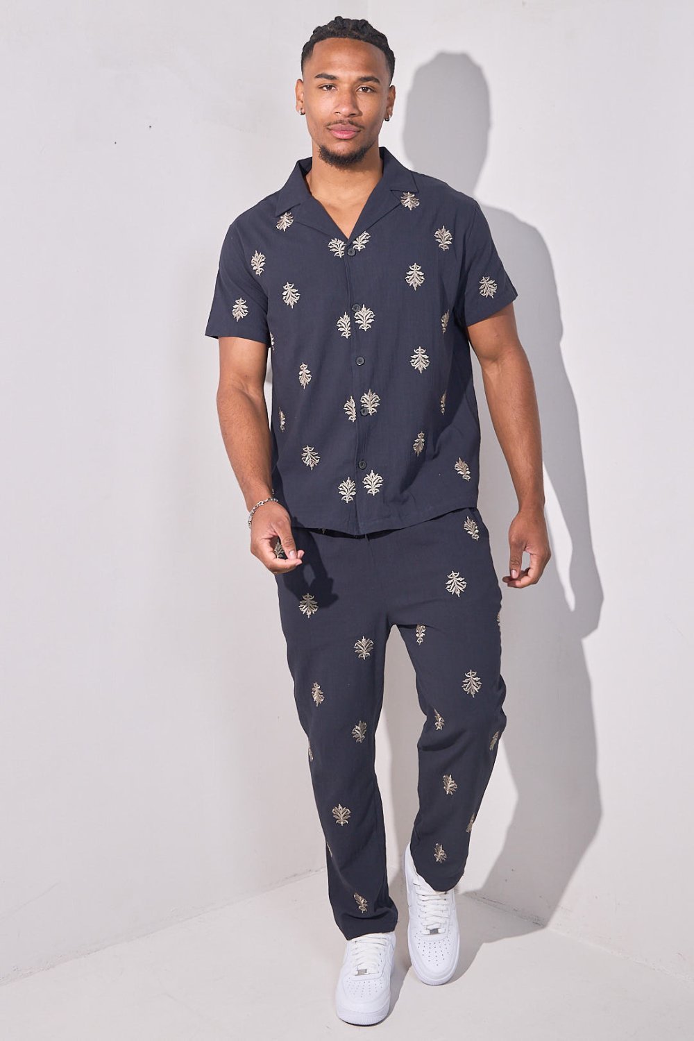 Navy embroidered linen-look shirt and trousers set