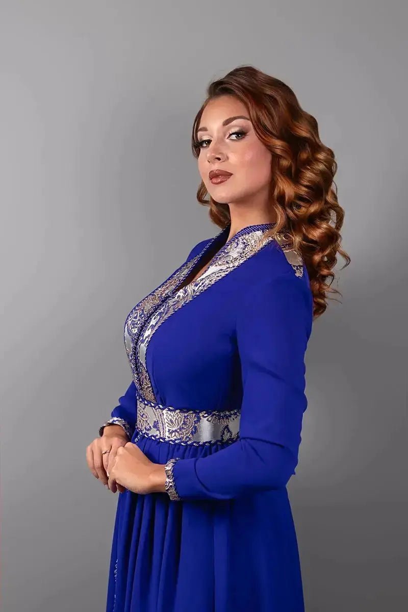 Royal blue kaftan with gold lamé trousers