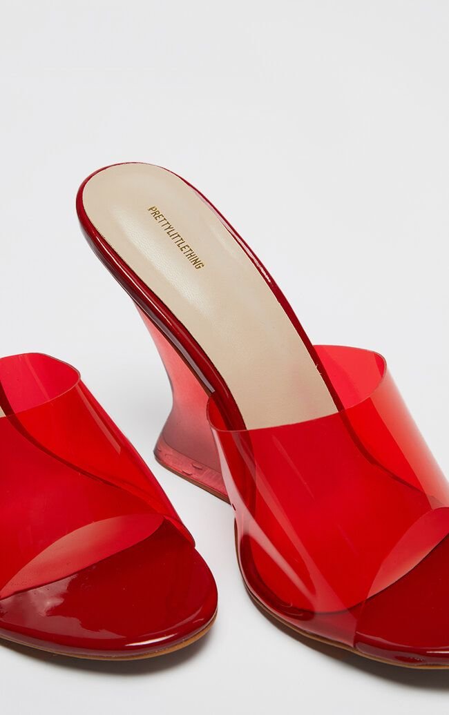 Red PU Round Toe Heeled Wedges With Perspex Strap