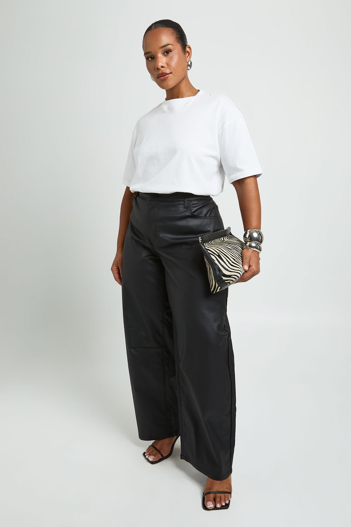 Pantalon barrel taille mi-haute enduit - Grande taille