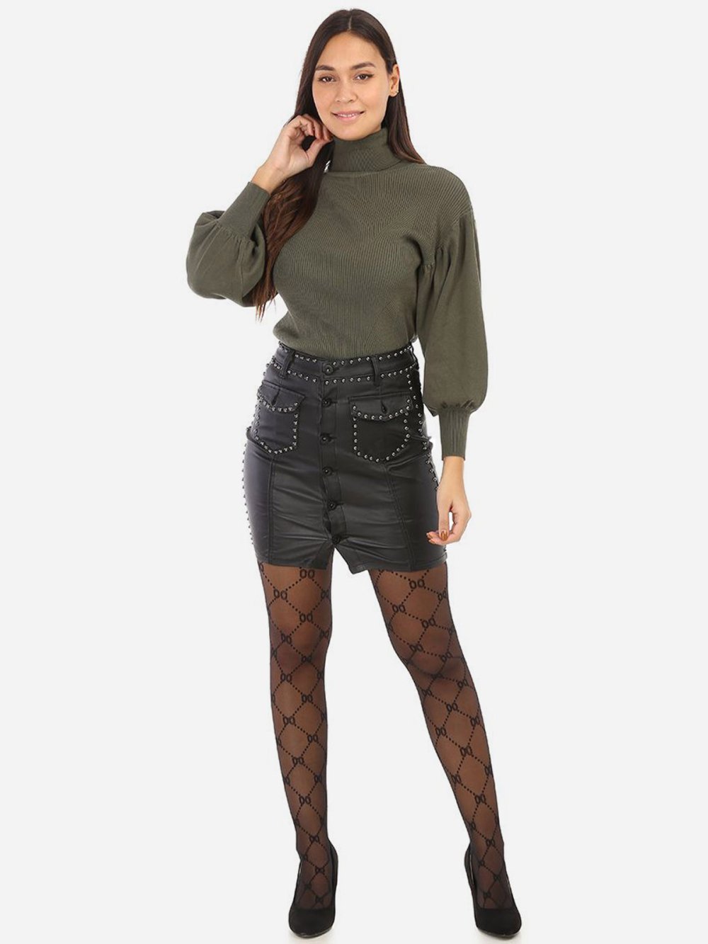 Black coated mini skirt with studs