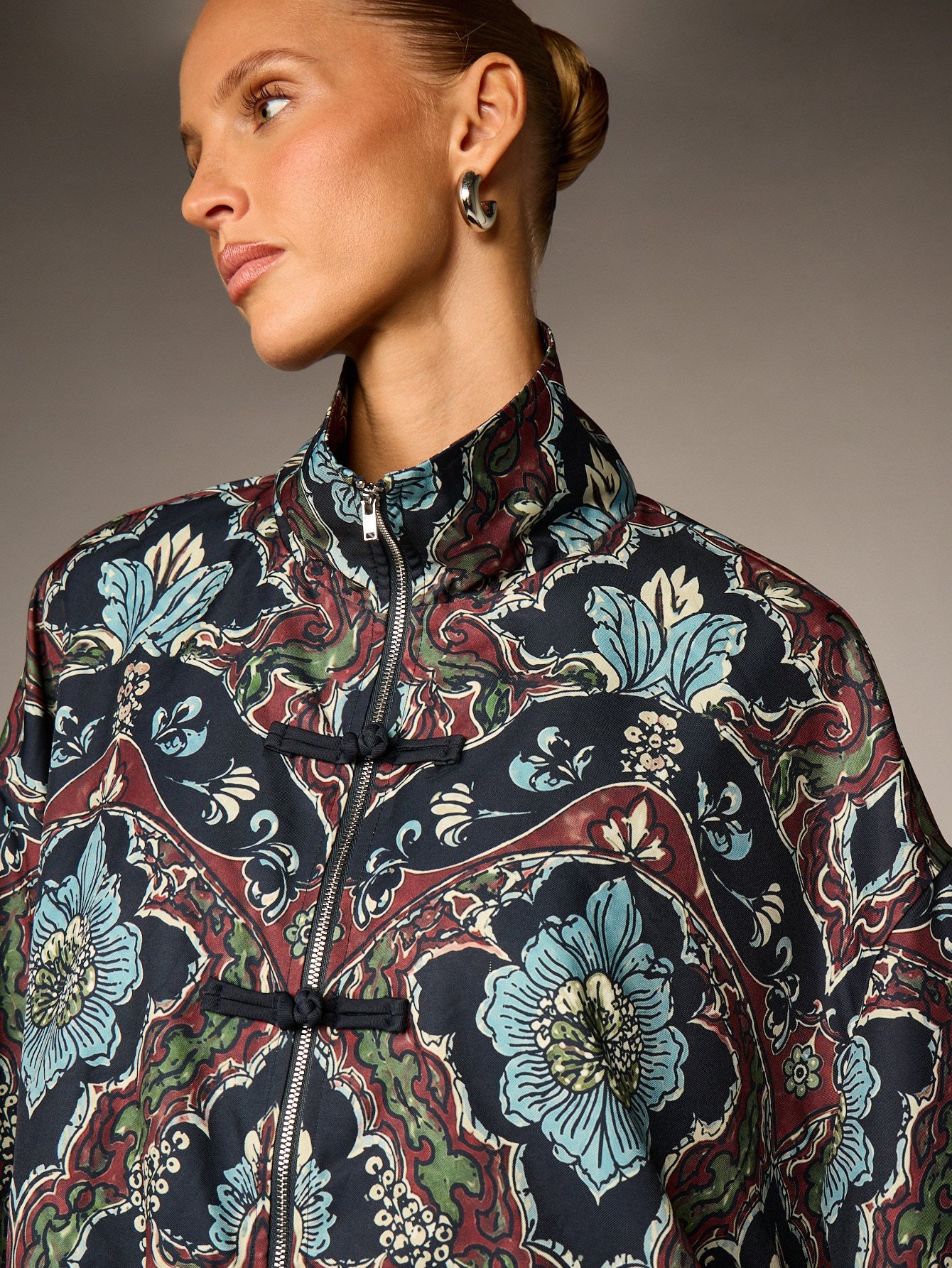Oversized satin bomber jacket with floral print