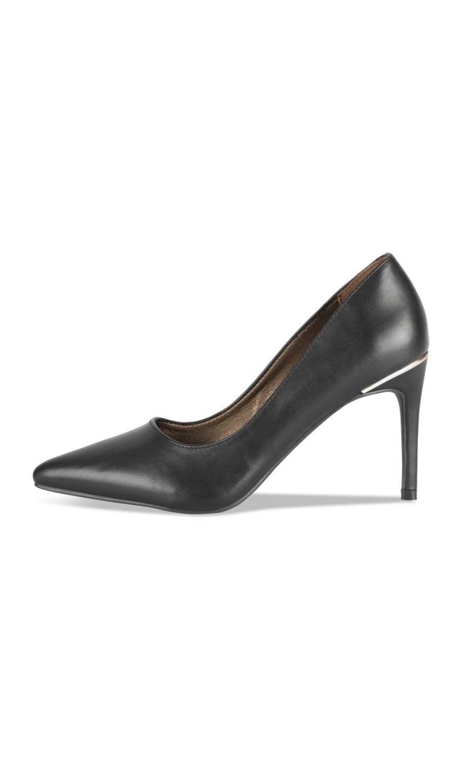 Black stiletto pumps with gold-tone trim