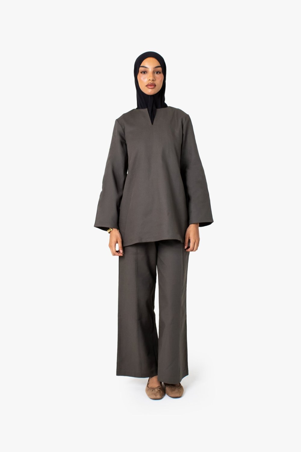 Pantalon large en coton à pli marqué - Taupe foncé