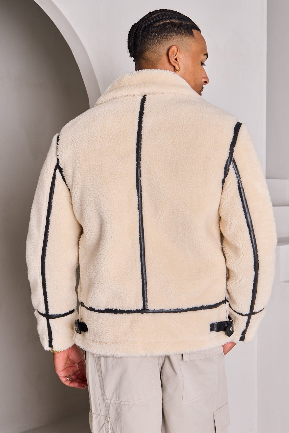 Beige shearling-look aviator jacket