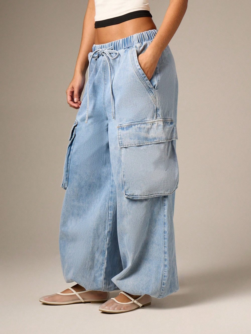 Mid blue cargo jeans with elasticated waist
