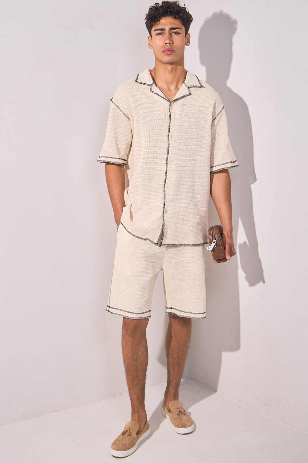 Beige contrast-stitch shirt and shorts set