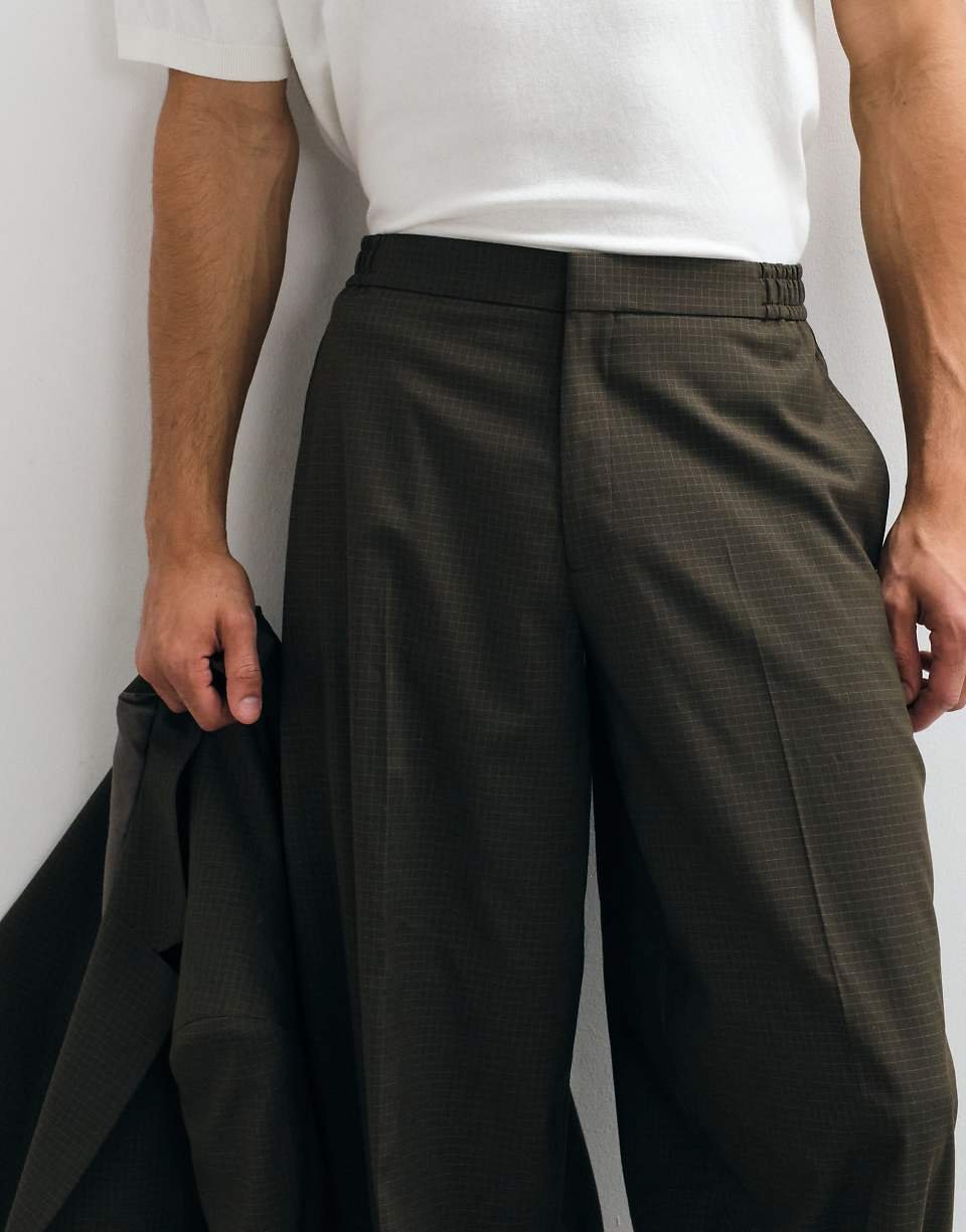 Pantalon de costume coupe barrel à carreaux - Marron