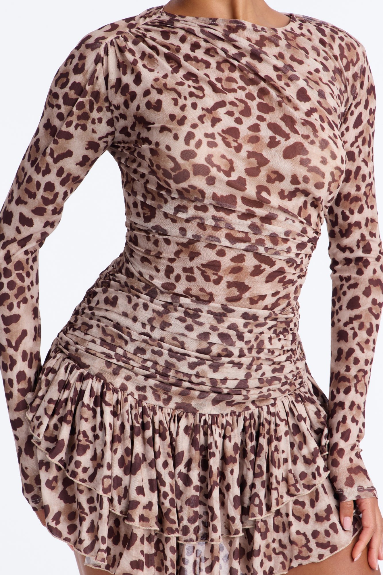Long sleeve leopard mesh mini dress