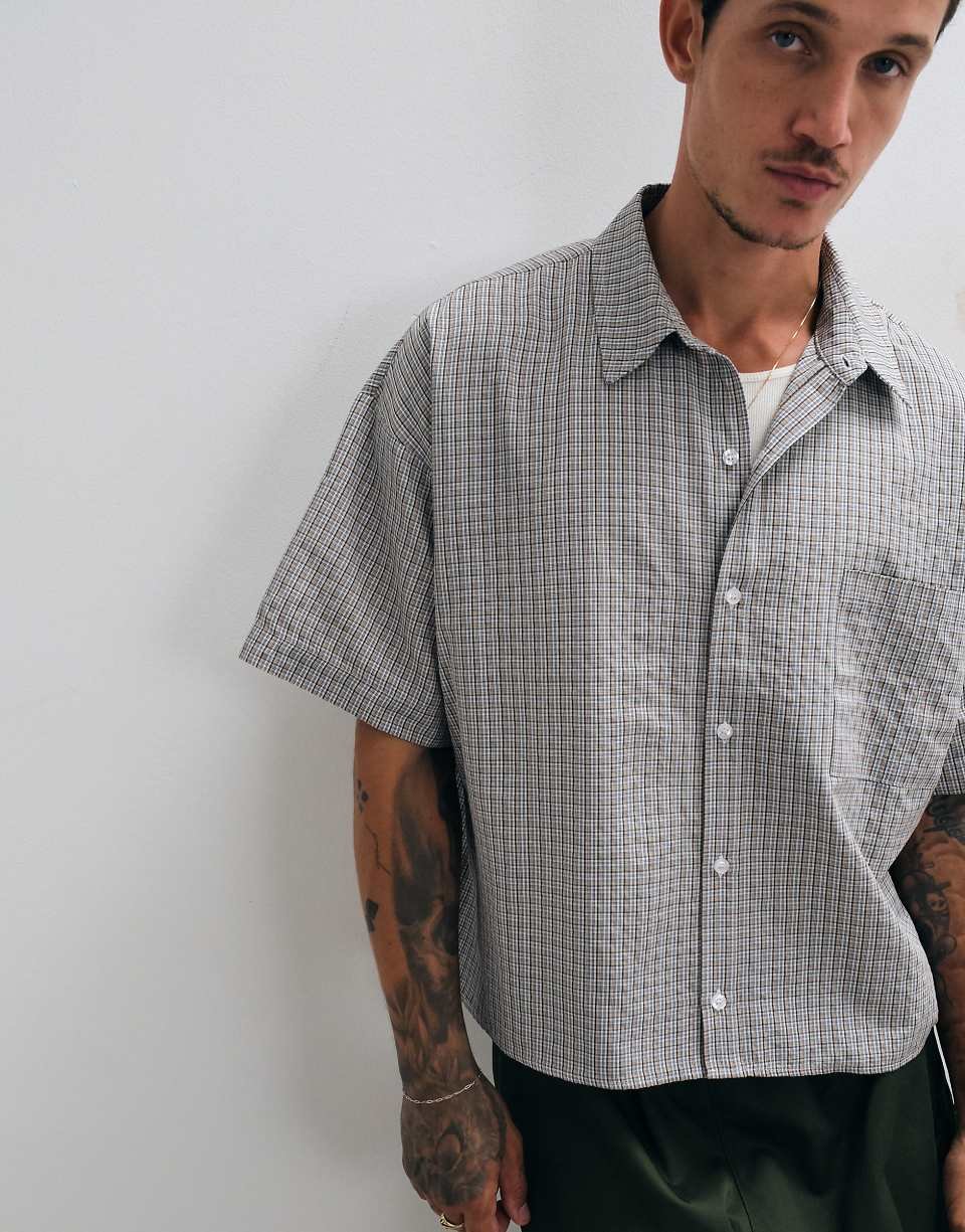 Chemise boxy à manches courtes à carreaux marron