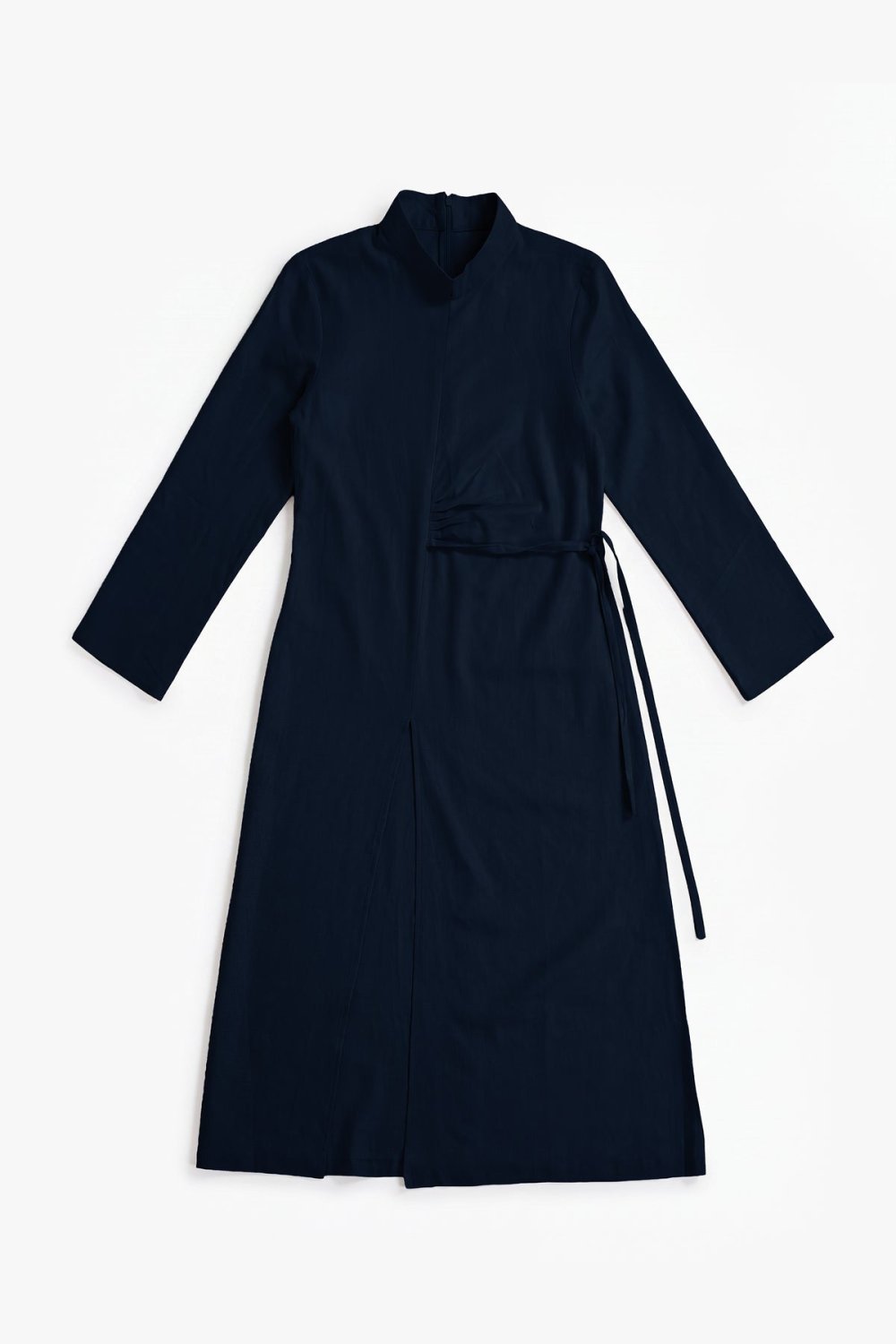 Robe longue fendue en lin et coton - Bleu marine