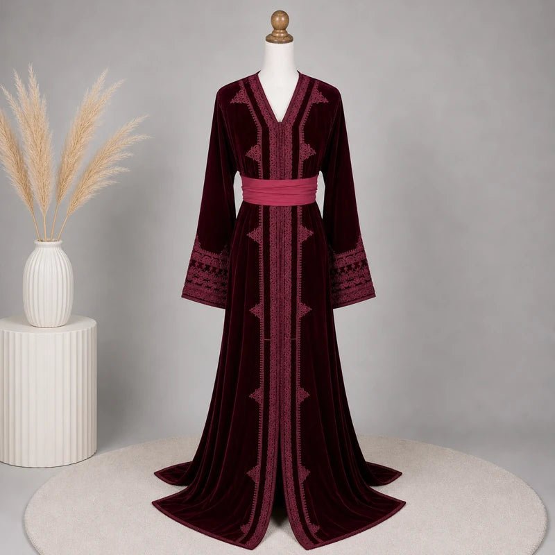 Embroidered burgundy velvet caftan