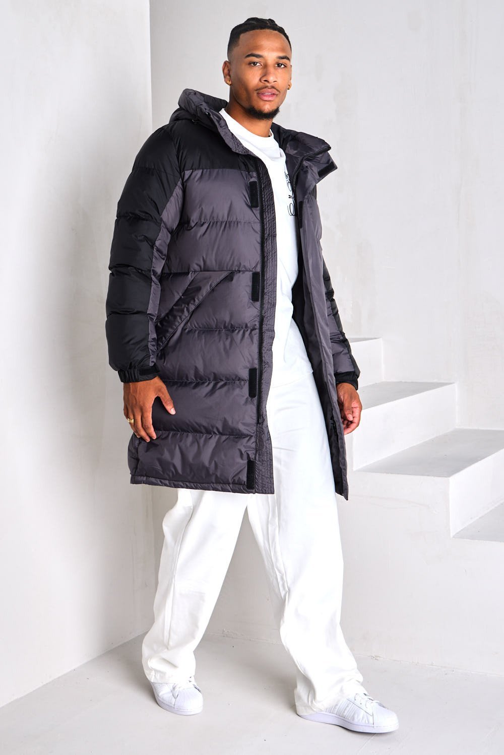 Black long waterproof hooded puffer jacket