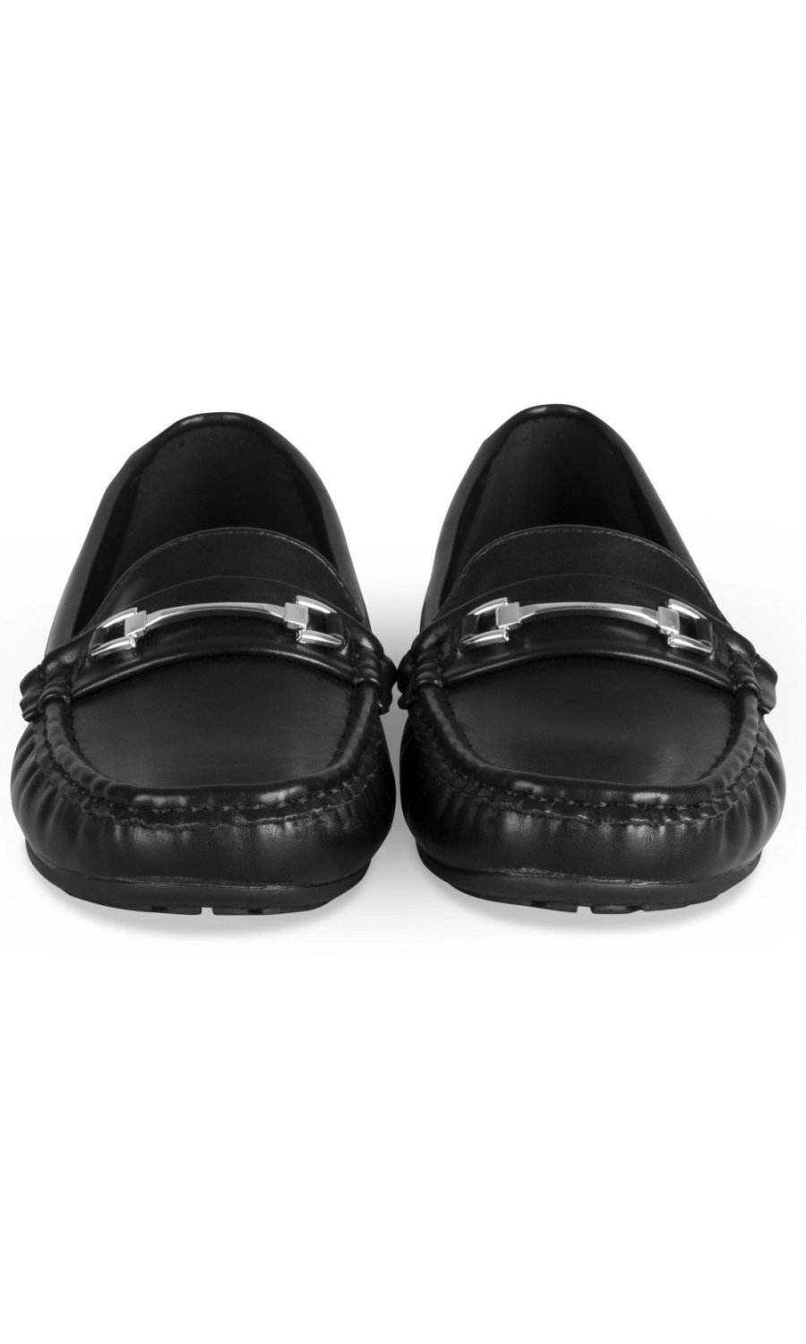 Black faux leather loafers, silver horsebit