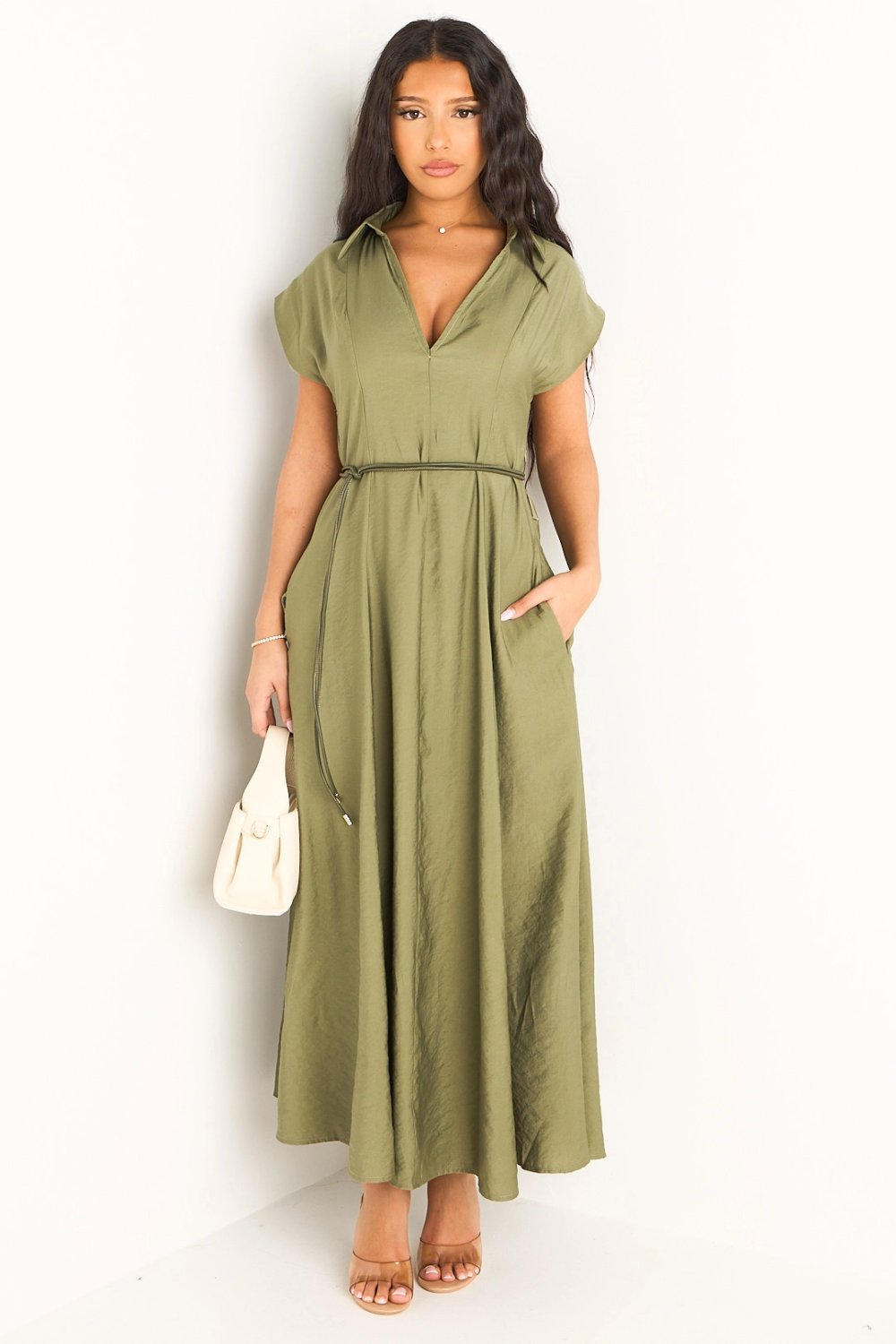 Khaki belted straight maxi dress