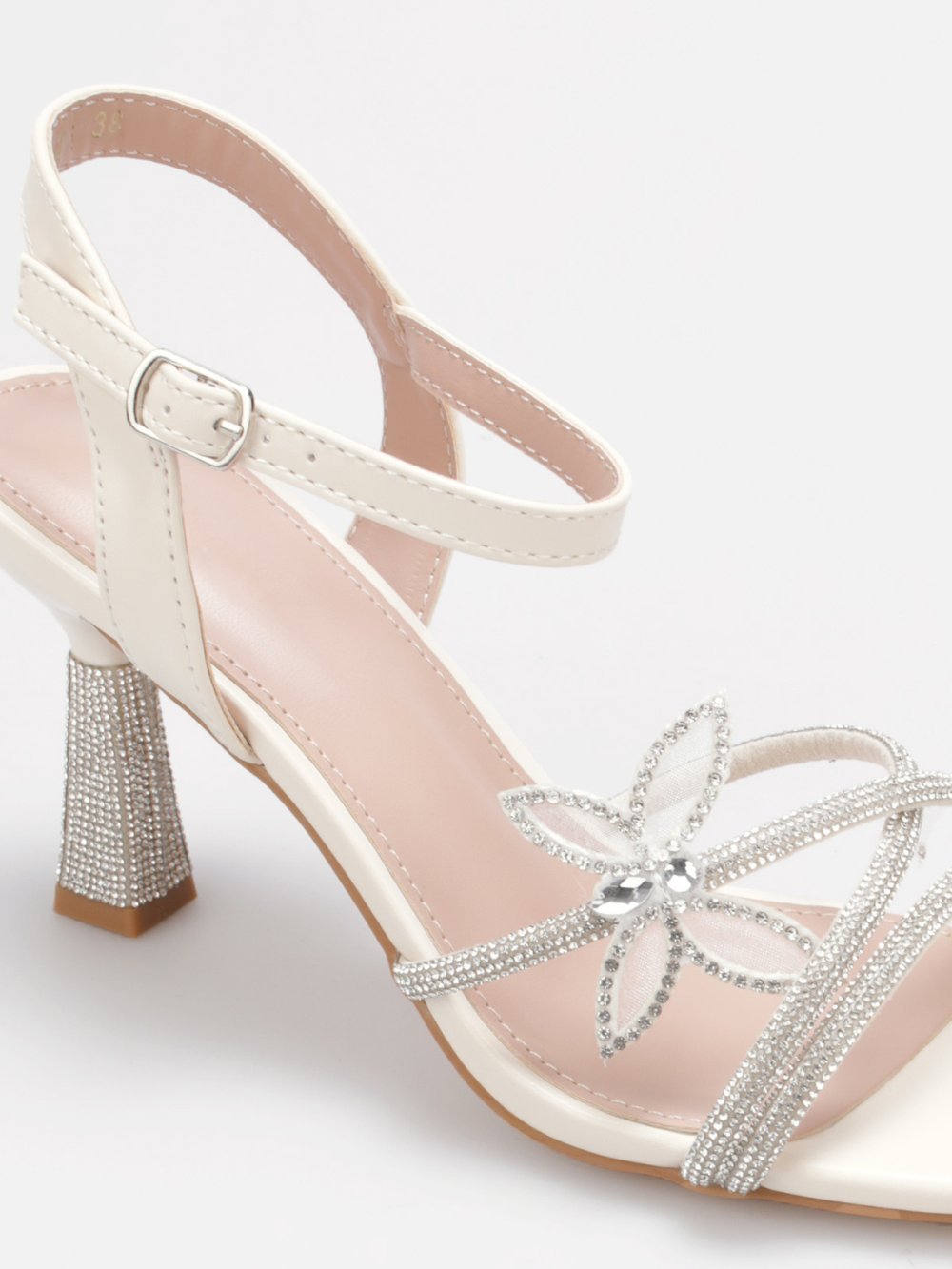 Beige rhinestone butterfly stiletto sandals