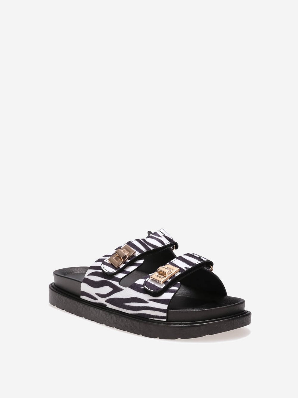 Black and white platform mules with straps