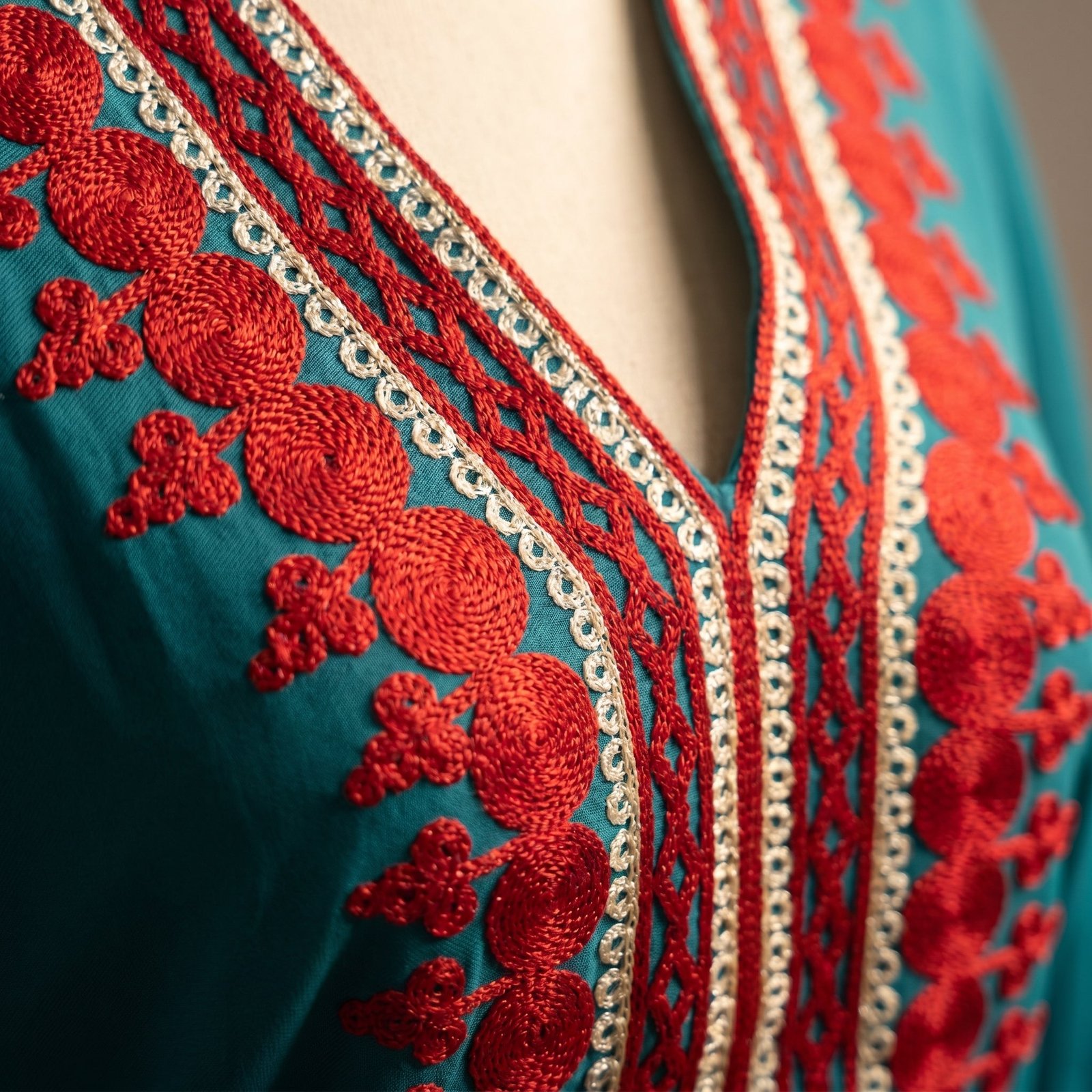 Teal Farasha Gandoura with Red Embroidery