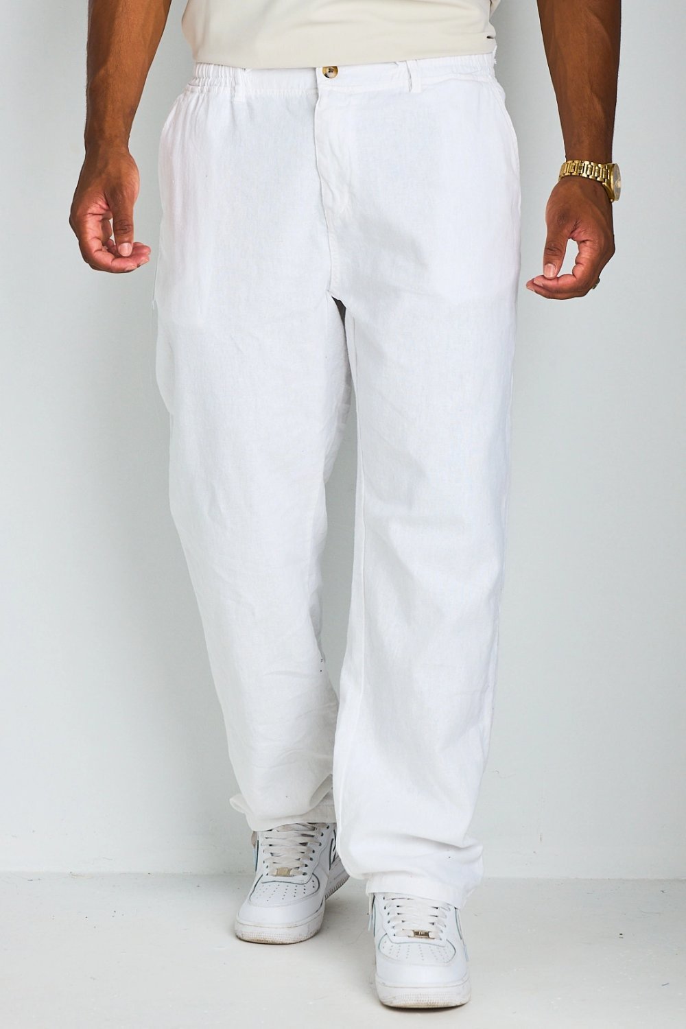 White linen-blend drawstring straight trousers