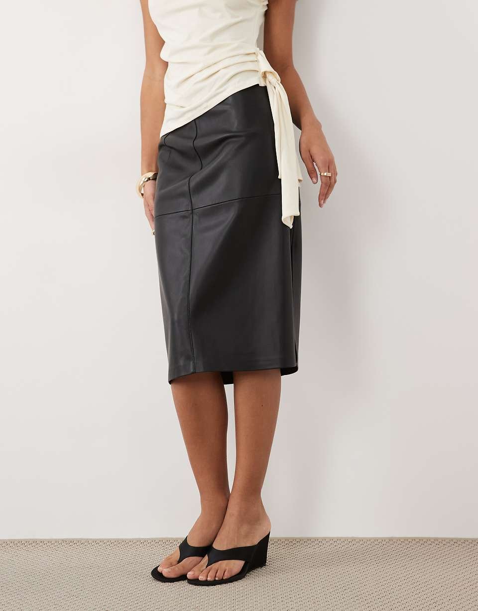 Faux leather midi pencil skirt in black