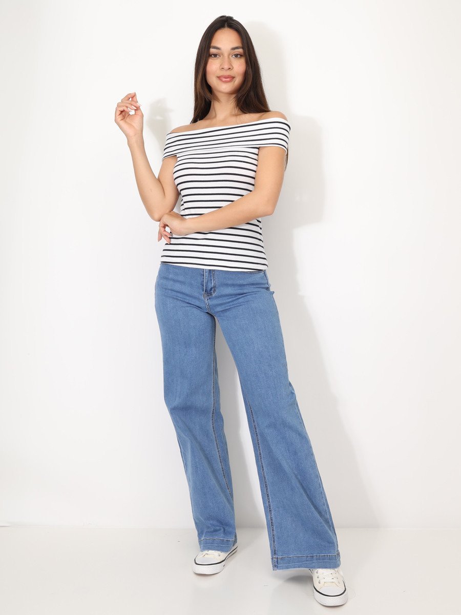 Top à col bardot rayé blanc et bleu