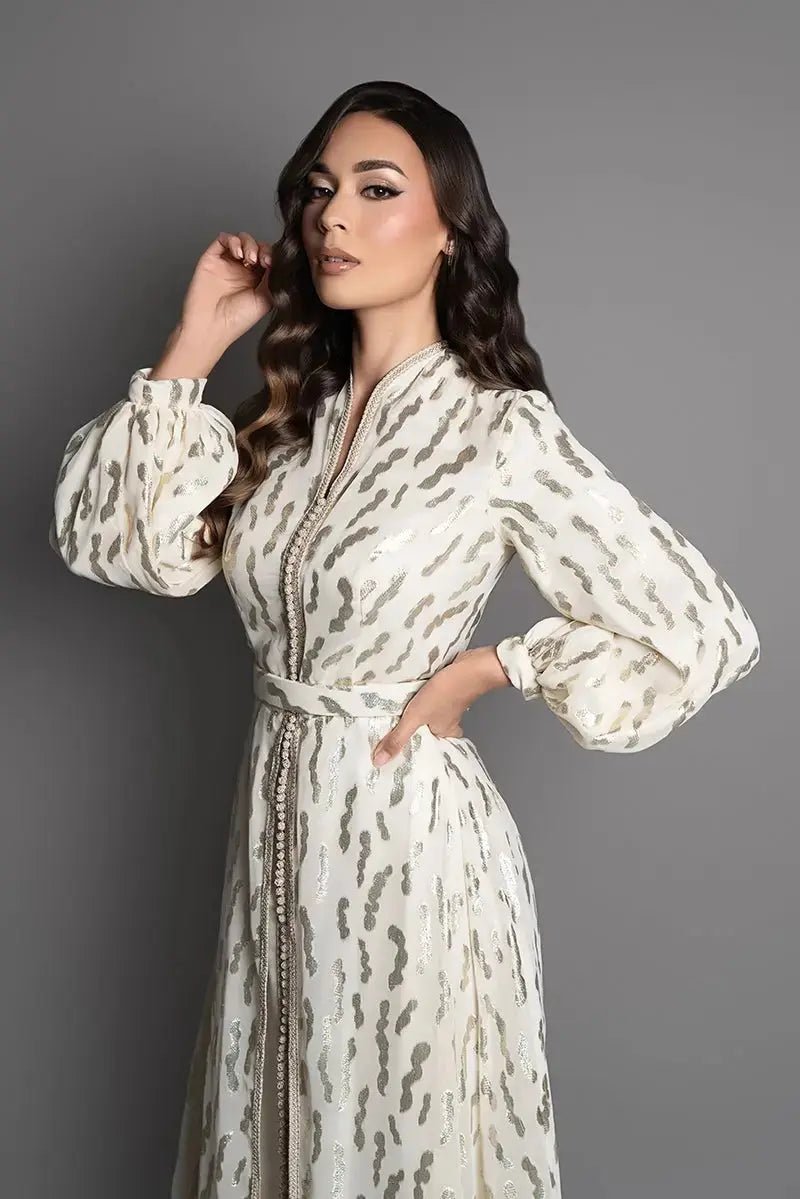 Swan-neck caftan with puff sleeves in ivory