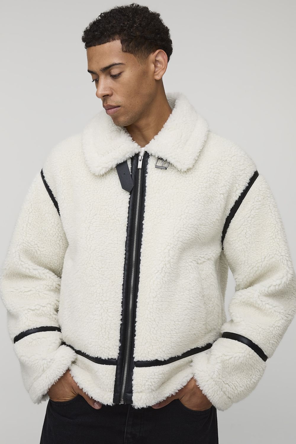 Veste aviateur à empiècements synthétiques, coupe surdimensionnée