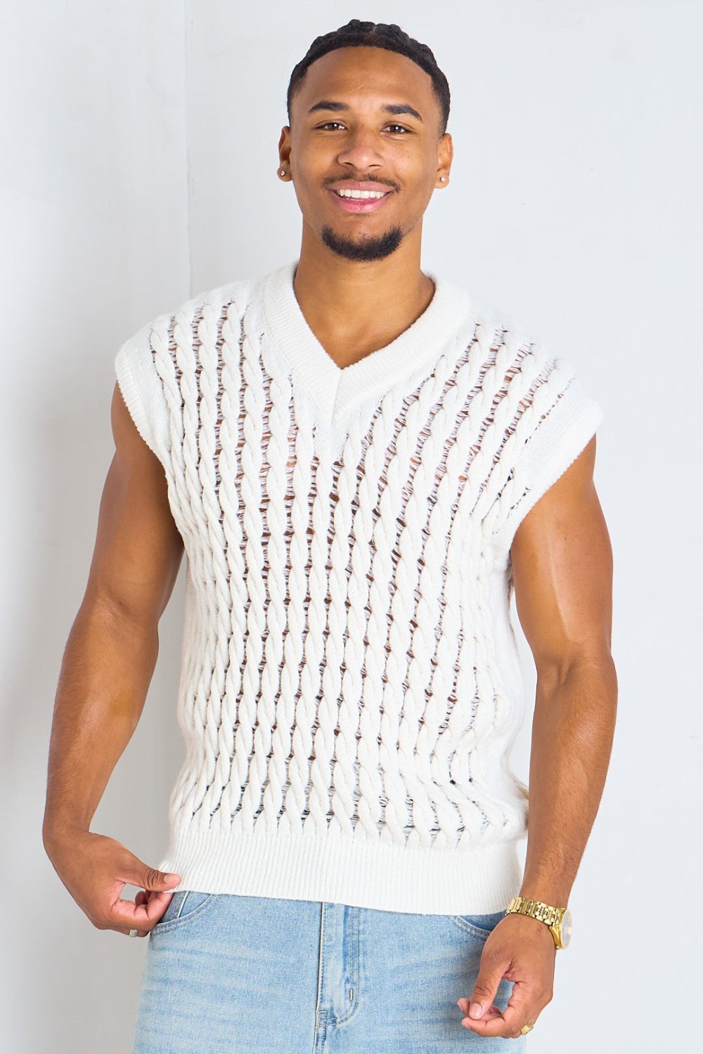 Pull sans manches col V en maille ajourée blanc